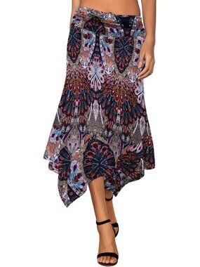 Women's Blue Feather Flowy Handkerchief Hemline Romantic Hanky Hem Midi Skirt